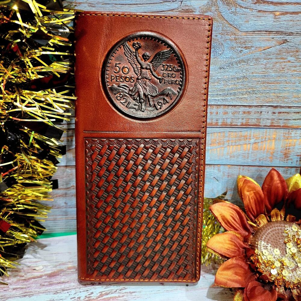 Centenario Western Wallet Basketweave Handtooled Real Leather Bifold Long Brown